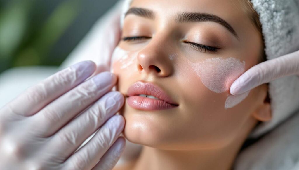 mujer recibiendo un tratamiento facial con manos profesionales en su rostro