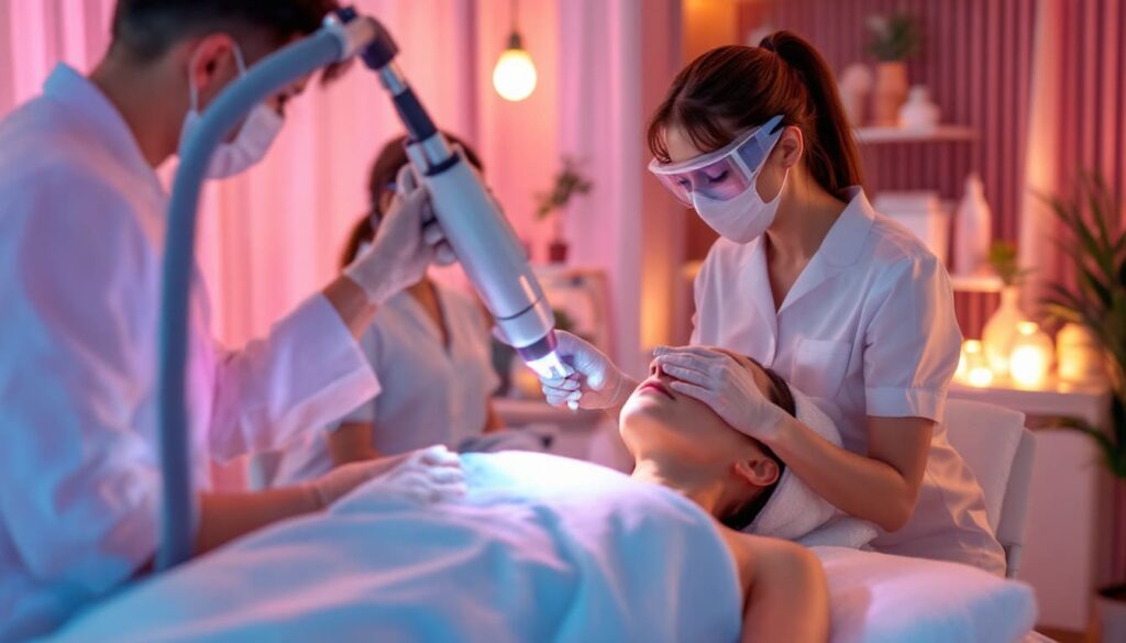 especialista realizando tratamiento laser en el rostro