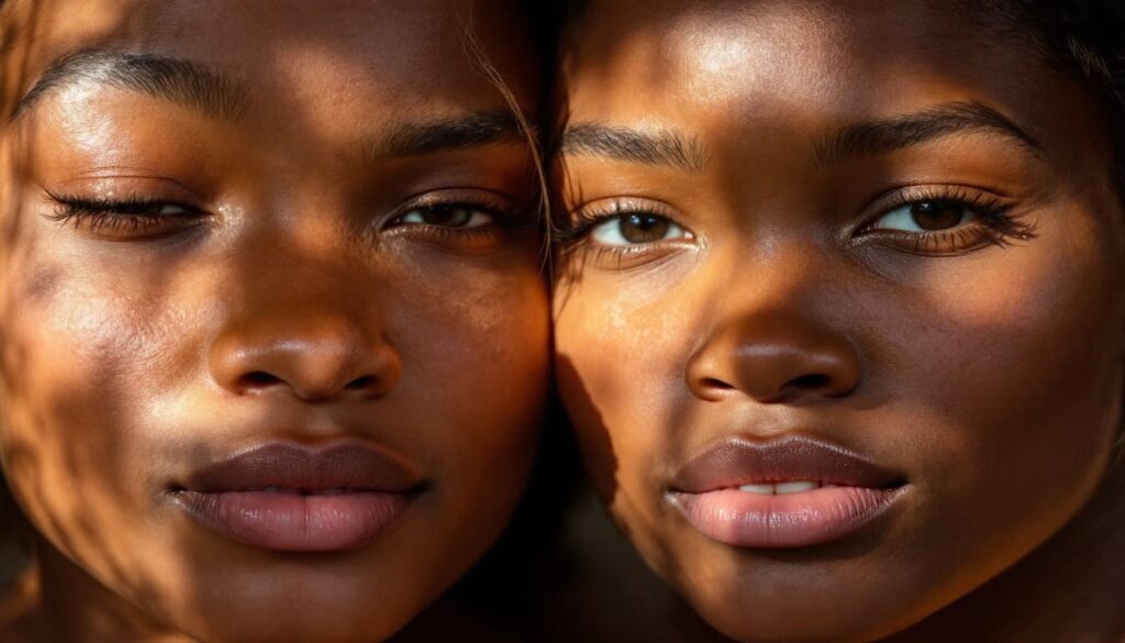 primer plano doble rostro mujer afro piel natural sol