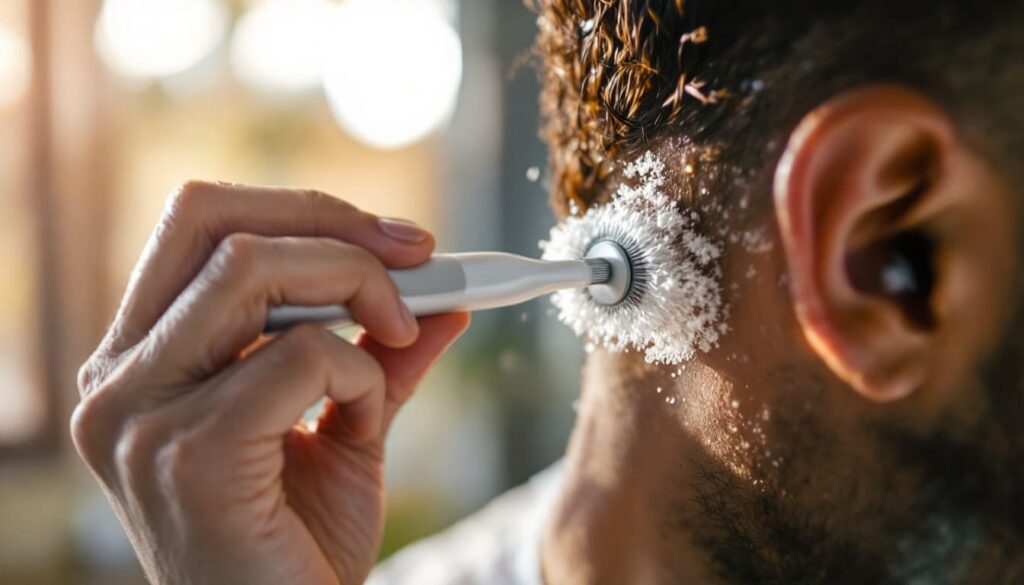 detalle de limpieza de oido con espuma en rutina de higiene masculina