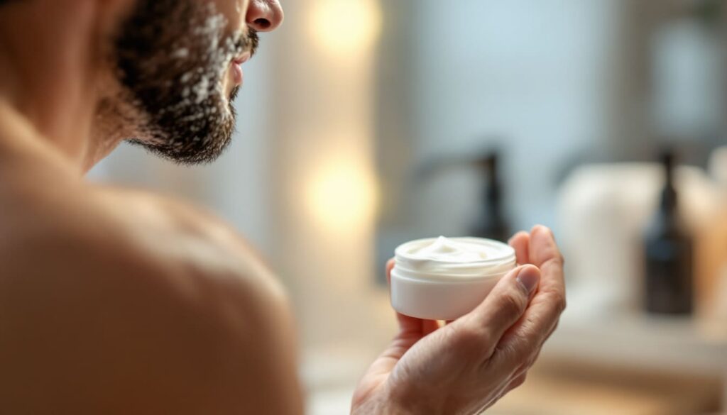 hombre aplicando crema en pecho en rutina de cuidado personal en bano moderno
