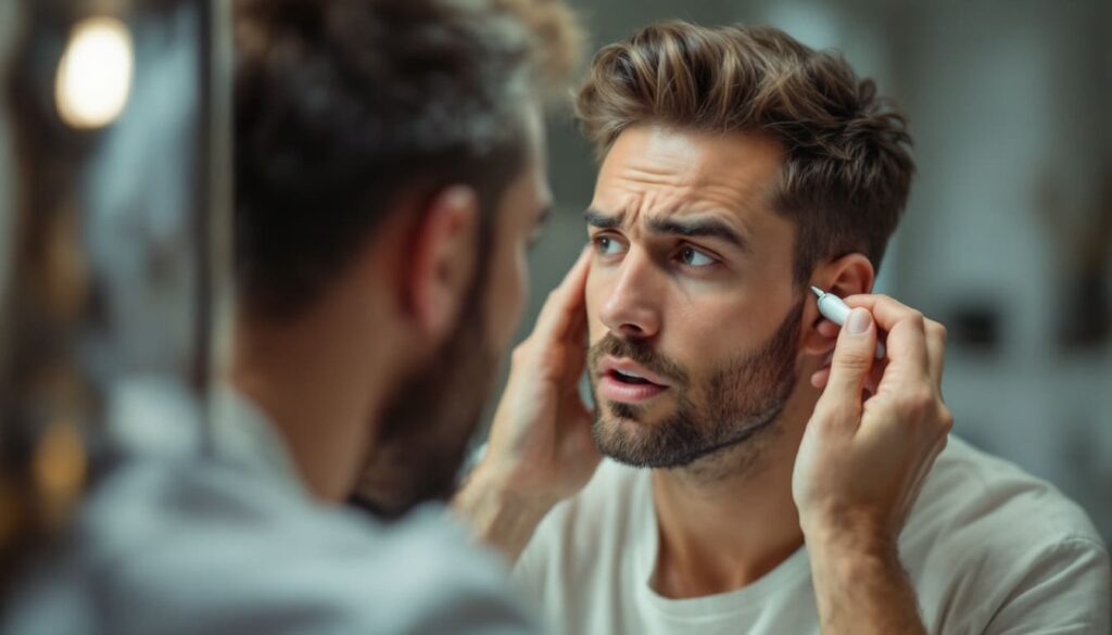 hombre mirando espejo en consulta estetica evaluando zona facial en clinica
