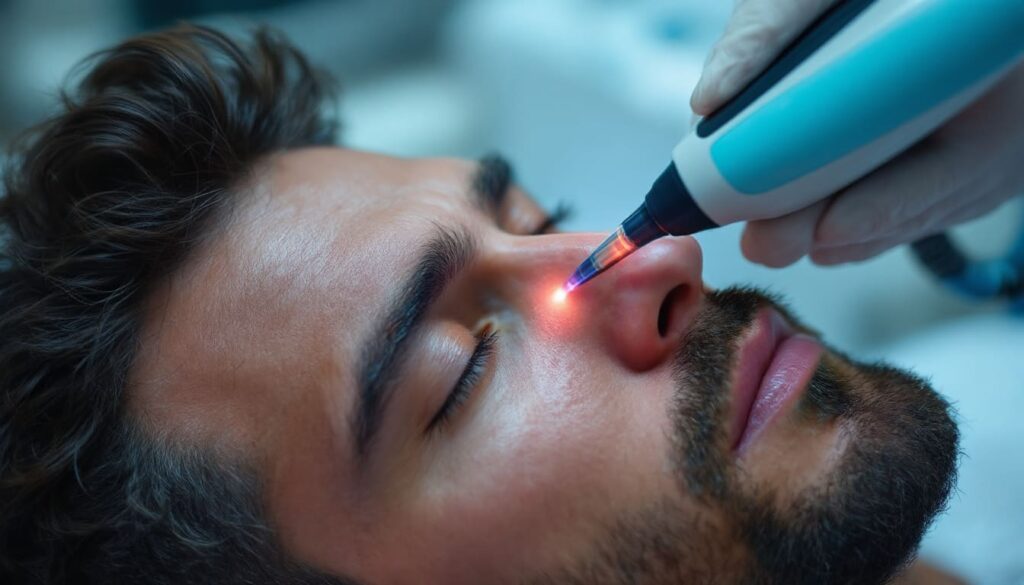 hombre recibiendo tratamiento facial con laser en clinica estetica con luz azul