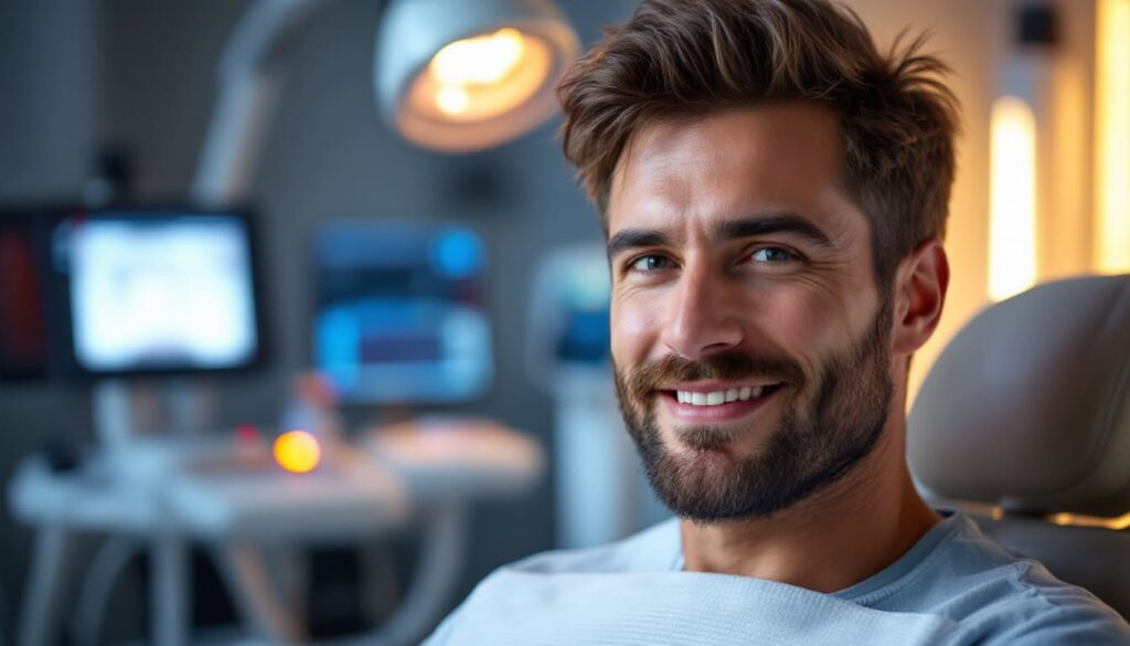 hombre sonriente sentado en consulta de estetica con pantalla de fondo