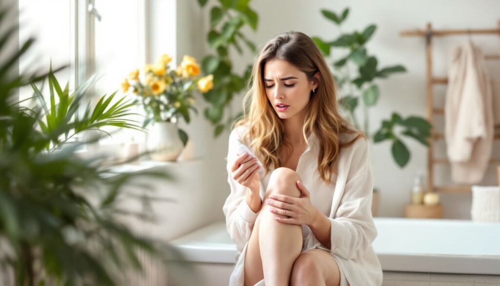 mujer en clinica estetica sosteniendo bote de crema con plantas de fondo