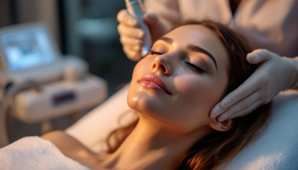 mujer recibiendo tratamiento facial en clinica de belleza con luz calida